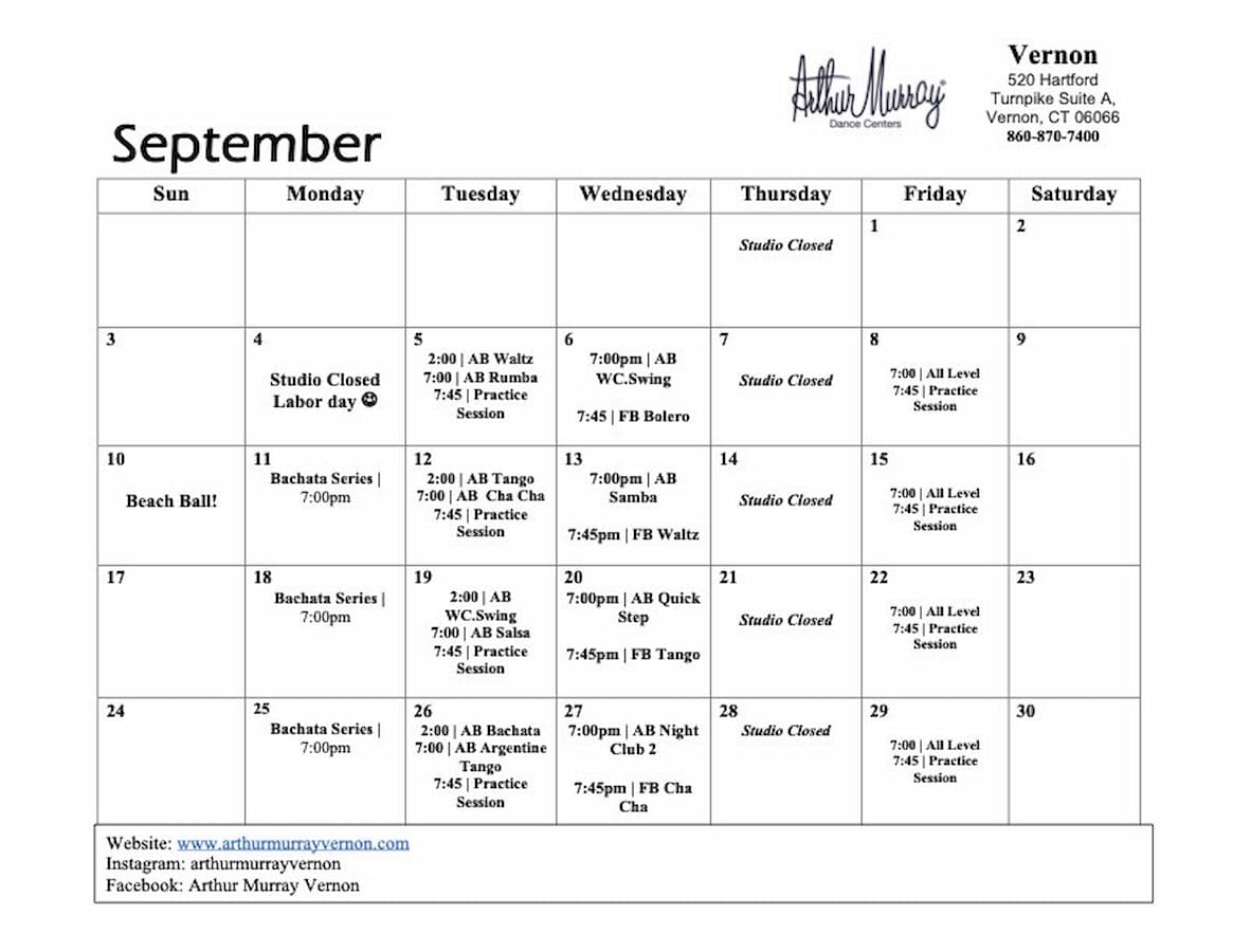 Arthur Murray Vernon Group Class Calendar